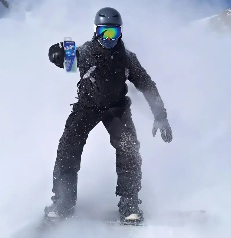 Snowboarder in actie, met de sneeuw die opspat